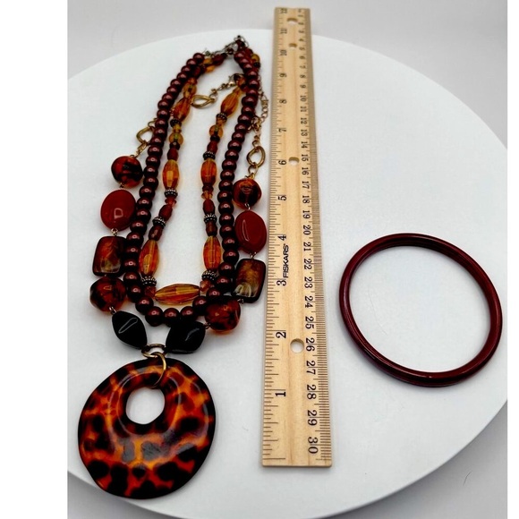 Vintage Multi-Layer Brown Beaded Necklace & Bangle Set  Boho Chic Amber N62 - Picture 5 of 6